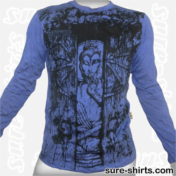 Buddha in Temple - Blue Long Sleeve Shirt size M