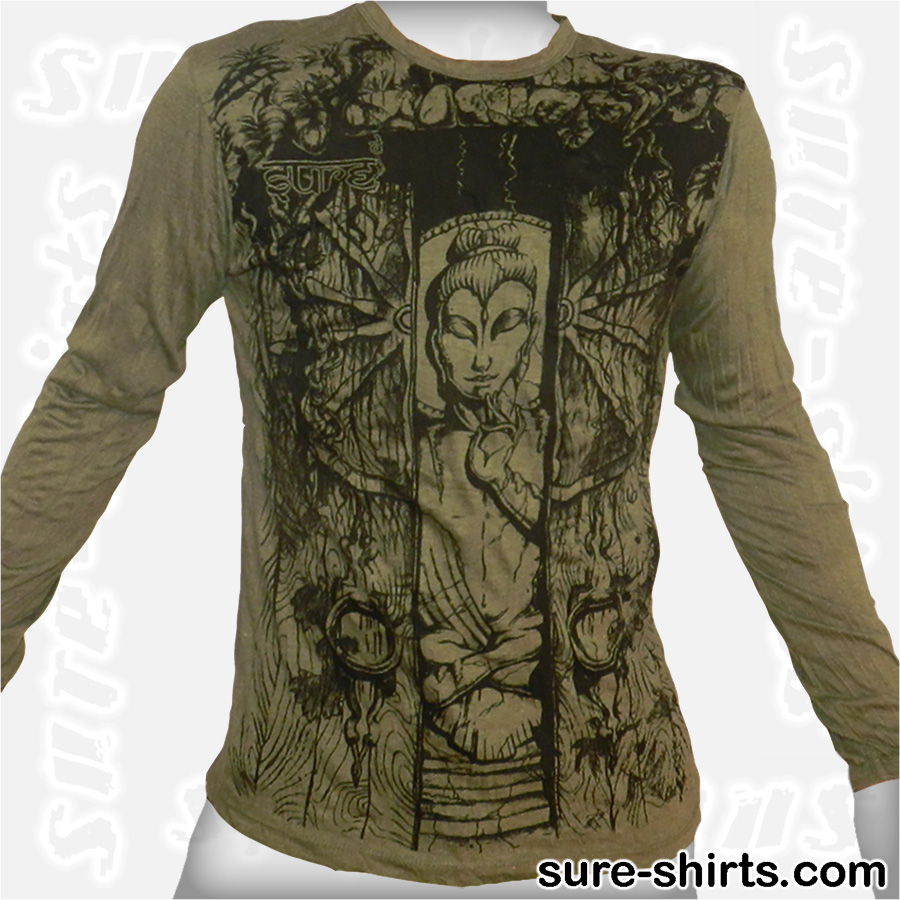 Buddha in Temple - Olive Green Long Sleeve Shirt size M