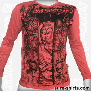 Buddha in Temple - Red Long Sleeve Shirt size M