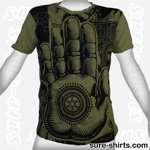 Buddha Hand Mandala - Olive Green Tee size L