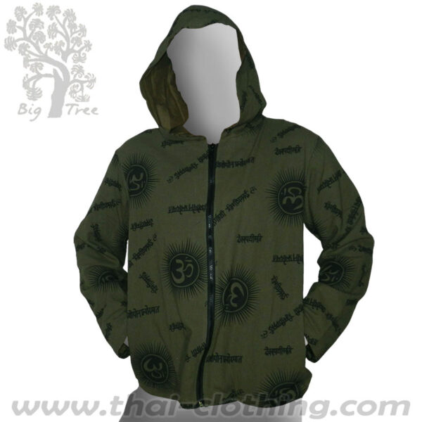 dark Green Cotton Hoody Jacket - Om & Sanskrit BIG TREE Thailand