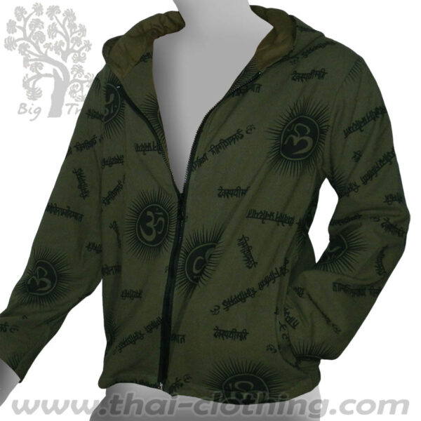 Dark Green Thin Cotton Hoodie Jacket - Om & Sanskrit BIG TREE Thailand