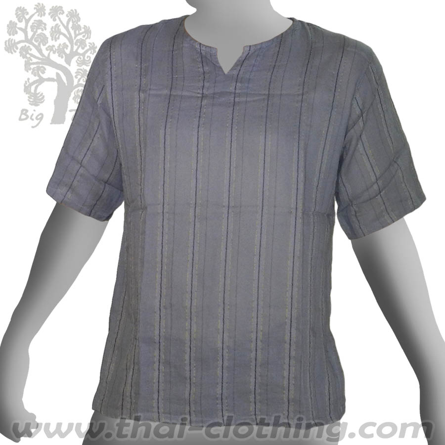 Grey Cotton Short Sleeve Shirt - Woven Stripes BIG TREE