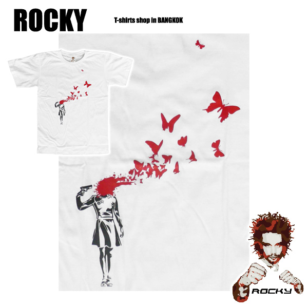 Headshot Butterflies - white ROCKY T Shirt Thailand