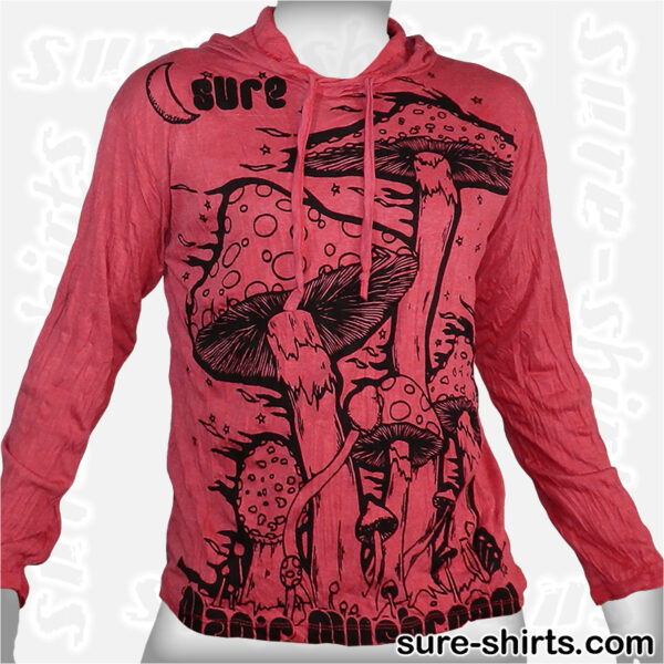 Magic Mushrooms - Ruby Red Long Sleeve Hoodie size L