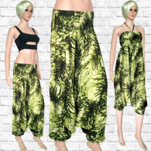 Harem Pants Dress - Aquarel Feathers - green
