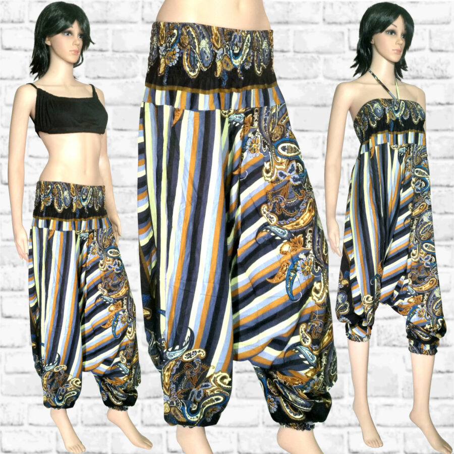 Harem Pants Dress - Stripes and Tendrils - blue grey yellow