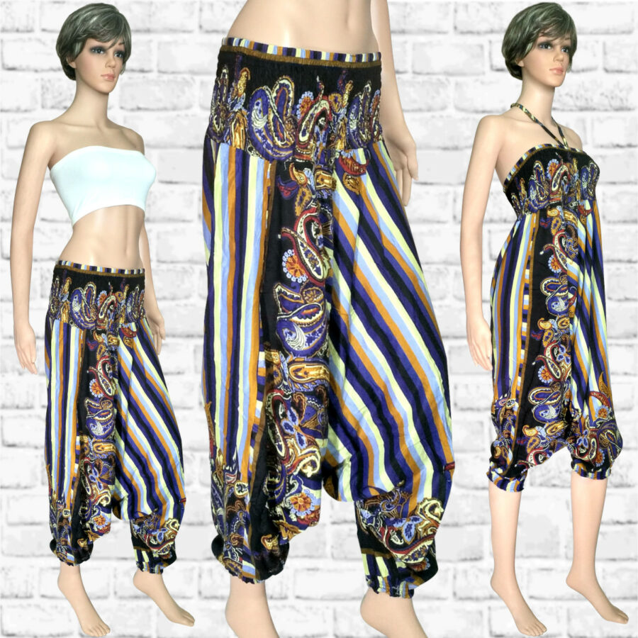 Harem Pants Dress - Stripes and Tendrils - blue yellow