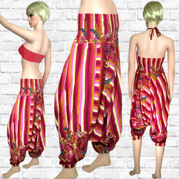 Harem Pants Dress - Stripes and Tendrils - red pink yellow