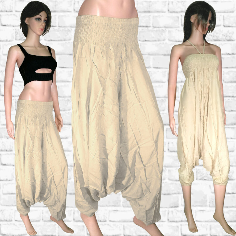 Harem Pants Dress - Stripes and Tendrils - wheat